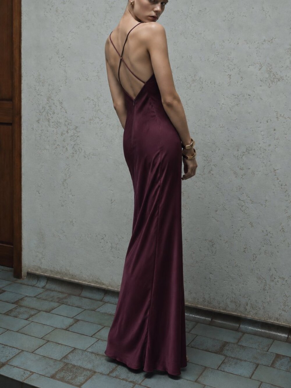 Slip Dress — Dark Eggplant Satin Open-Back Maxi, Size M